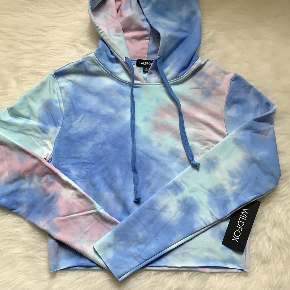 WILDFOX Tie-Dye Blue Pink Hoodie Hooded Cropped Sweatshirt
